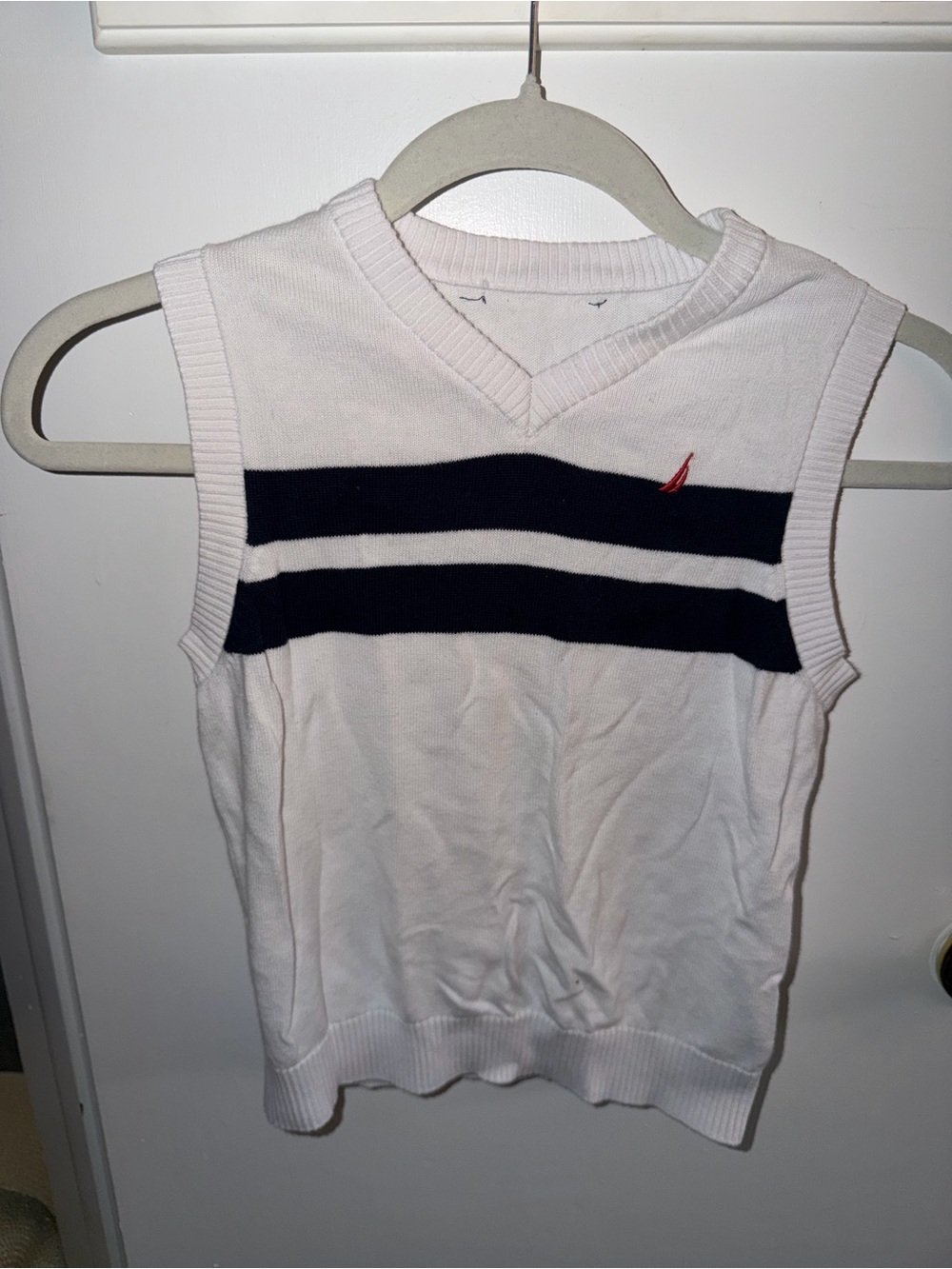 Nautica White Sleeveless V-Neck Sweater Vest with Navy Stripes and Red Logo